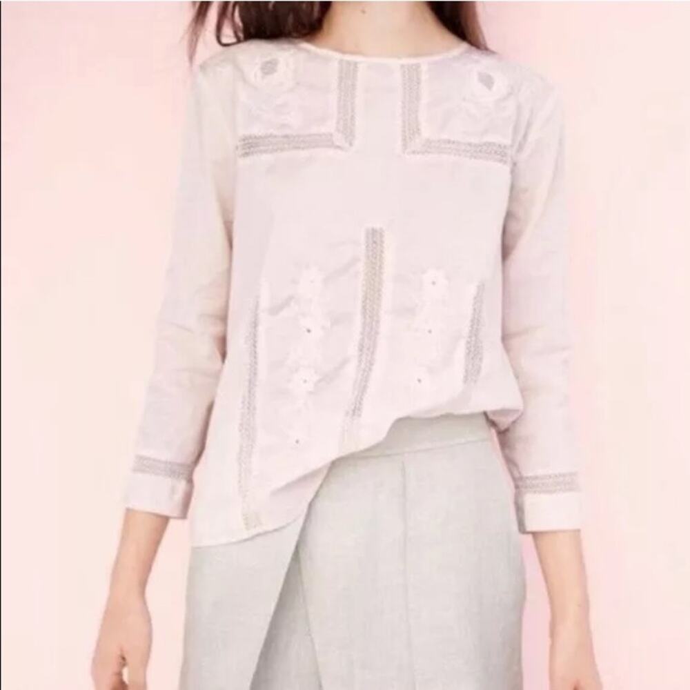 J. Crew Embroidered Floral Lace Long Sleeve Top Blouse Pink Blush Cotton